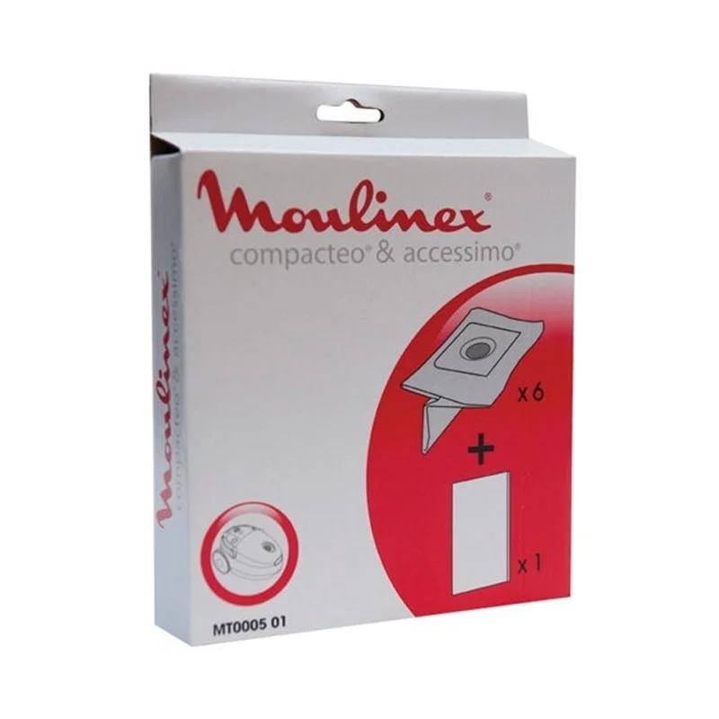 Lot de 6 sacs aspirateurs Moulinex MT000501 + 1 Microfiltre Accessimo / Compactéo - Promos
