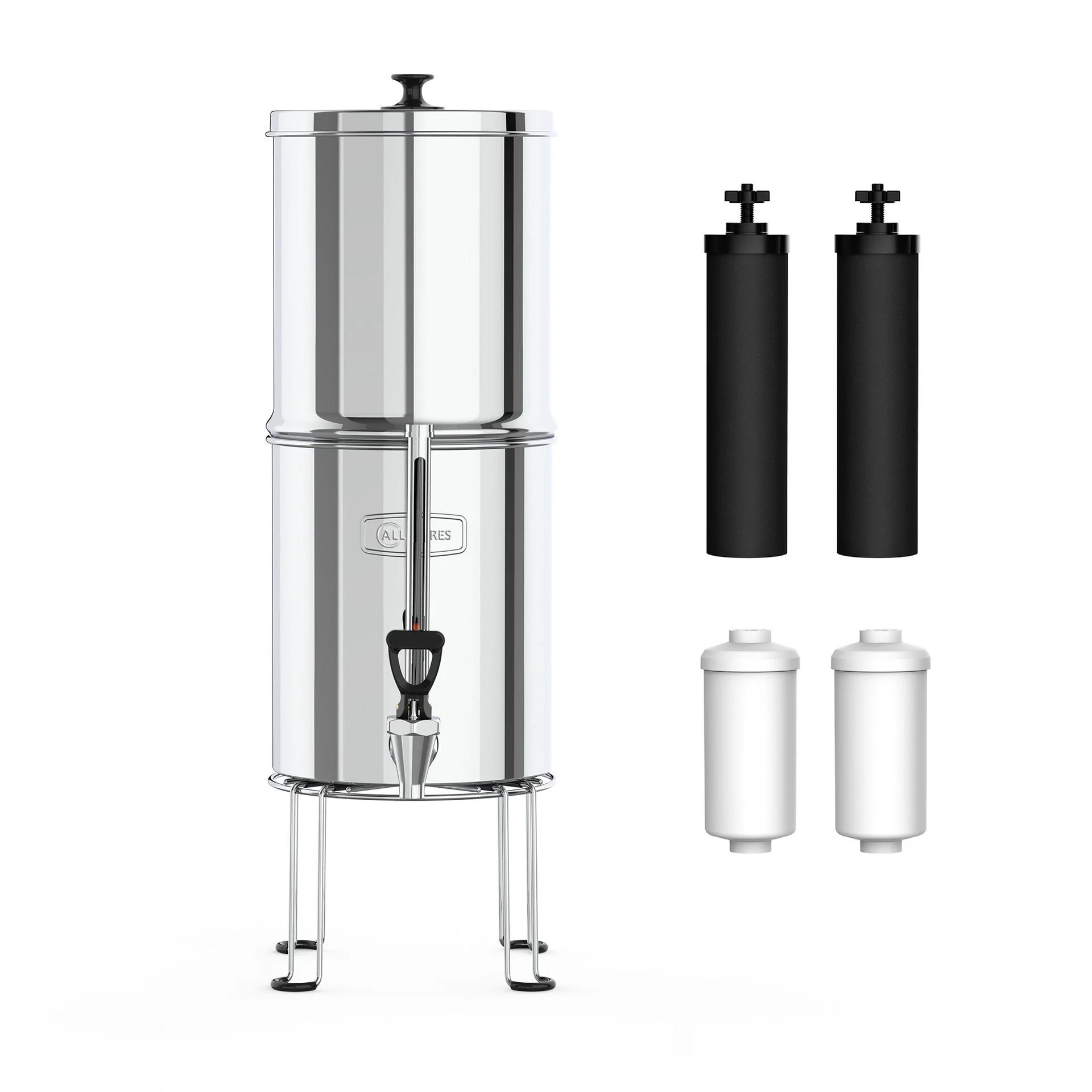 Système de filtration d'eau par gravité en acier inoxydable (8.5l) incl. 2 filtres à charbon et 2 filtres à fluorure - AllSpares