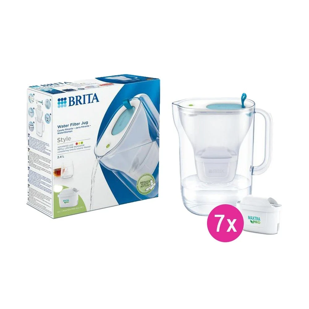 BRITA Carafe filtrante Style 2.4L Bleue + 7 cartouches filtrantes MAXTRA PRO (filtre aussi les PFAS) - AllSpares
