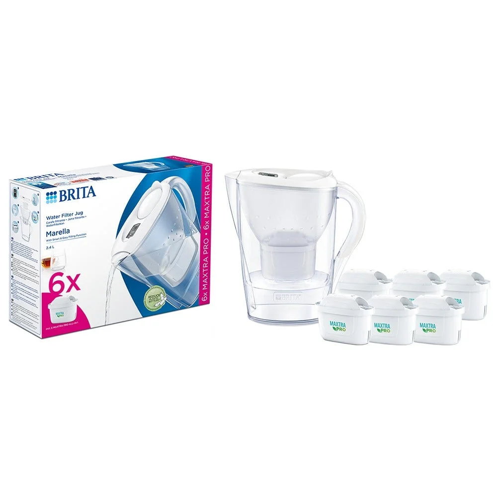 BRITA Carafe filtrante 2.4L Marella Blanche + 6 cartouches filtrantes MAXTRA PRO (filtre aussi les PFAS) - AllSpares